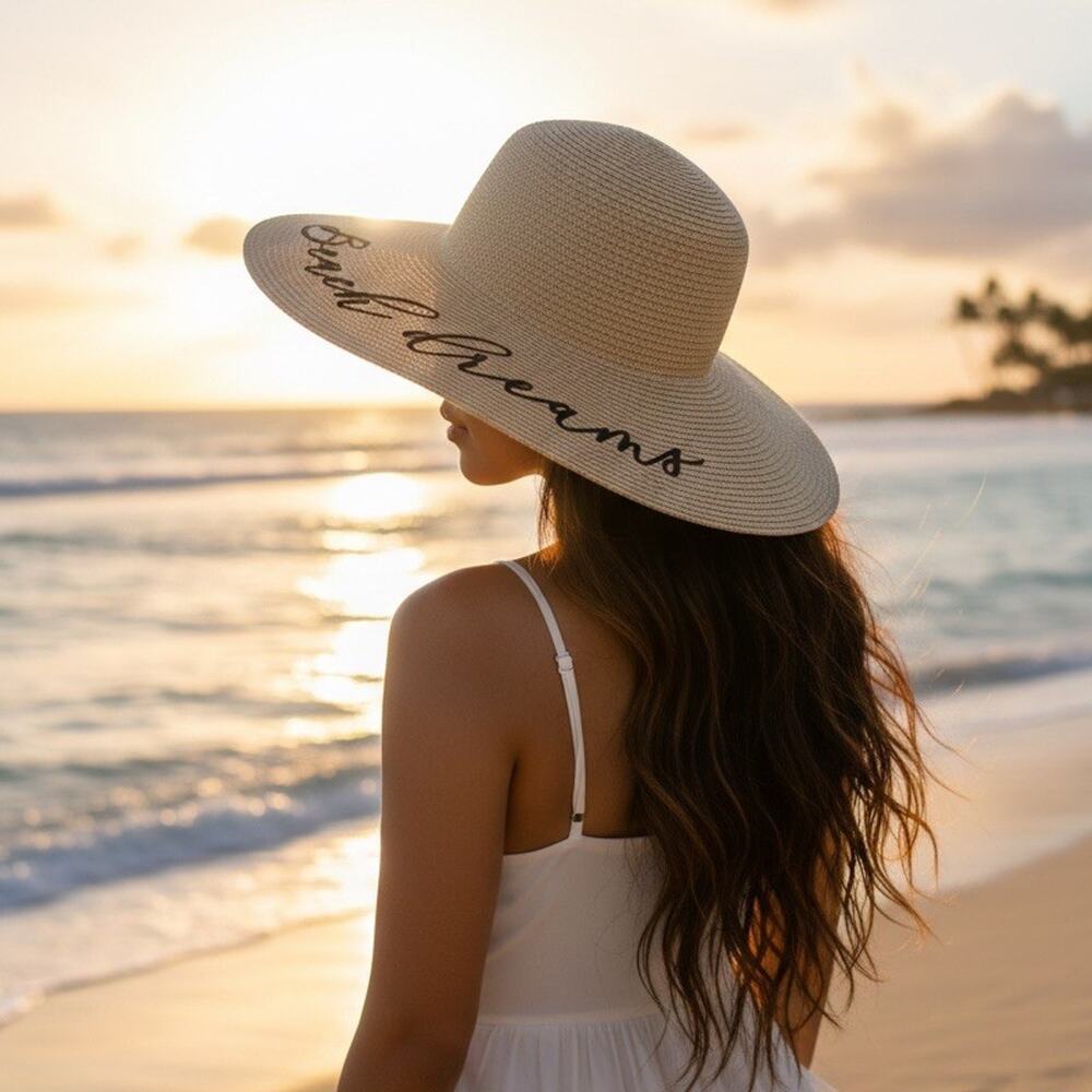Wide Brim Straw Sun Hat - "Beach Dreams" Embroidered Floppy Hat